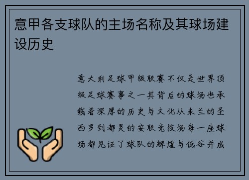 意甲各支球队的主场名称及其球场建设历史
